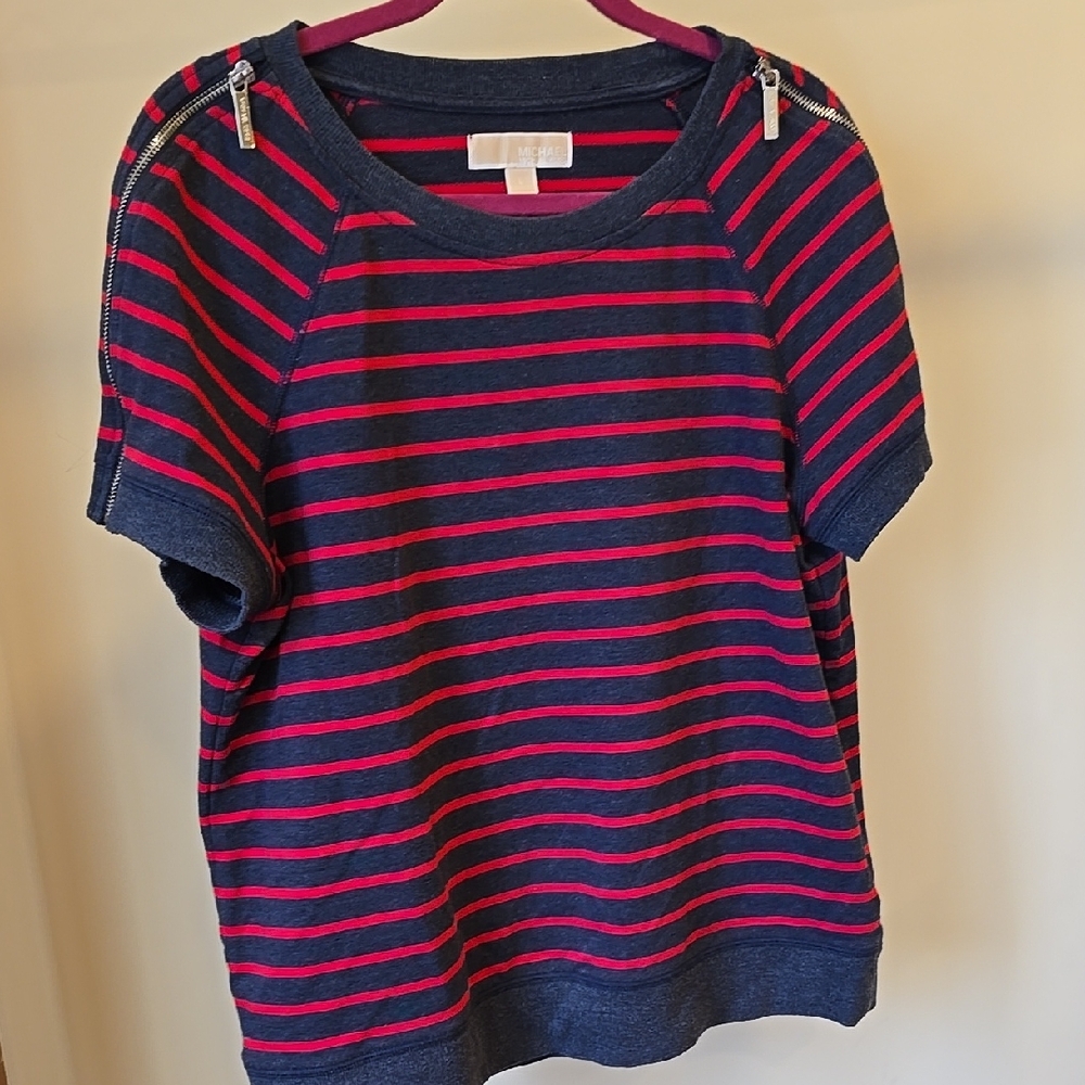 Michael Kors Blue and Red Striped Jersey Top